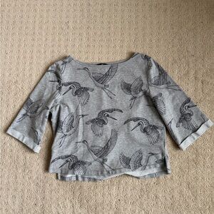 Women’s H&M Bird-Patterned Cropped 3/4 Sleeve Top
